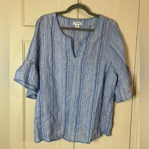 Artisan NY Striped 100% Linen Top women 1X plus size coastal beachy boho flounce